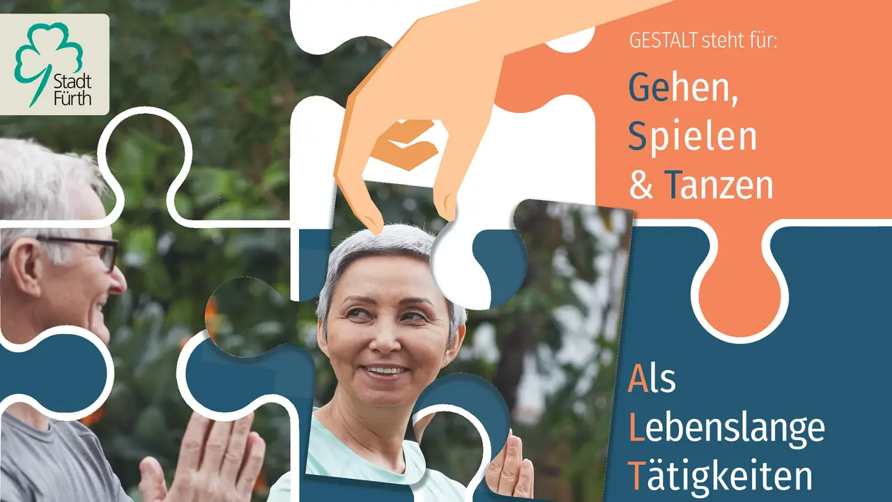 GESTALT Plakat für den Kurs "Gestalt", ein Projekt zur Demenzprävention, das für Gehen, Spielen und Tanzen als Lebenslange Tätigkeiten steht.