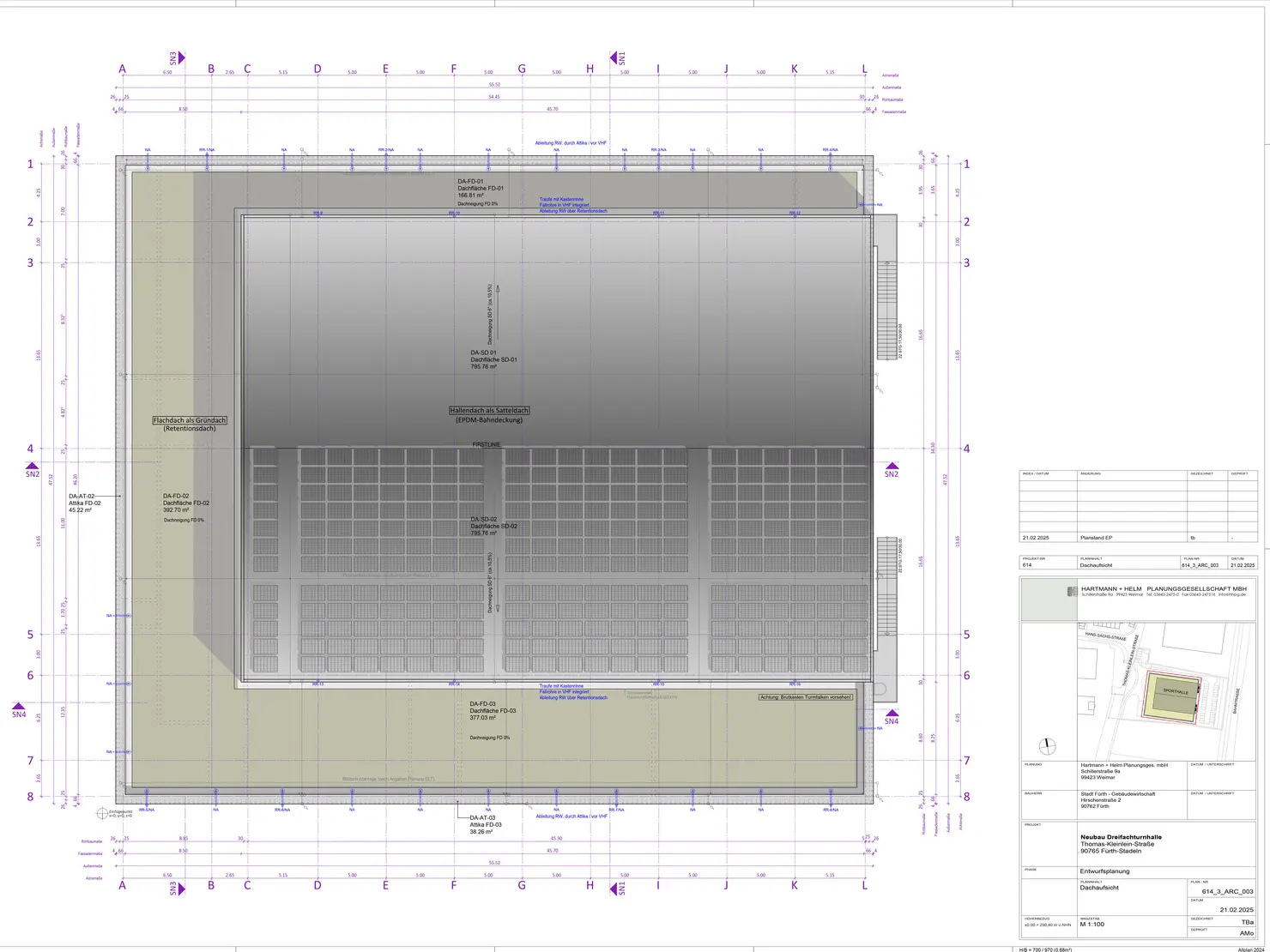 Entwurfsplanung für die neue Thomas-Kleinlein-Turnhalle im direkten Umfeld der Grund- und Mittelschule Stadeln. Klick öffnet Bild in größerer Ansicht.