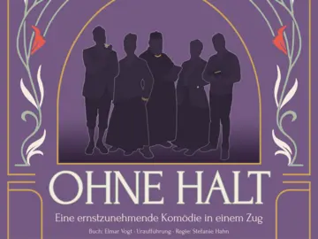 Scherenschnitt einer Gruppe von fünf Personen mit Text "Ohne Halt" eine ernstzunehmende Komödie in einem Zug.
