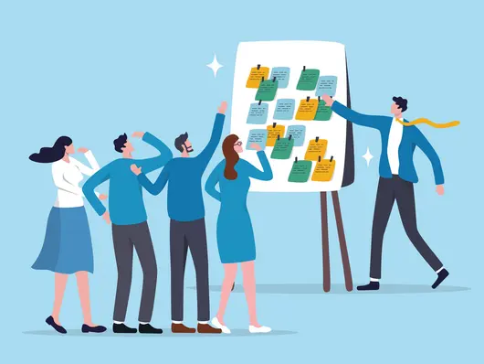 Illustration mit Teilnehmenden eines Workshops vor einem Flipchart.