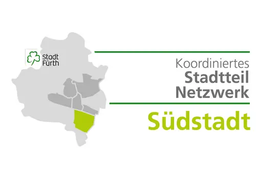 Fürth-Logo, Karte und Schriftzug Koordiniertes Stadtteilnetzwerk Südstadt. Klick öffnet Bild in größerer Ansicht.