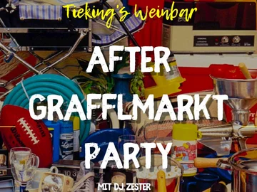 Bunte Szene mit verschiedenen Gegenständen wie einem Football, Gläsern, einem Eimer mit Flasche, einem gelben Becher und einem Grill, darüber der Text 'Tieking's Weinbar AFTER GRAFFLMARKT PARTY MIT DJ ZESTER'