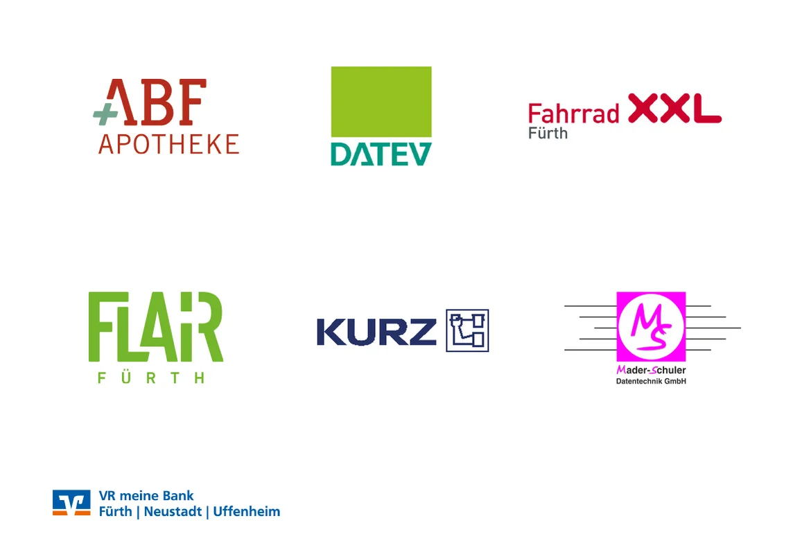 Logos der Sponsoren: ABF Apotheke, Datev, Fahrrad XXL, Kurz, Mader-Schuler-Datentechnik GmbH, Norma; Klick öffnet Bild in größerer Ansicht. 