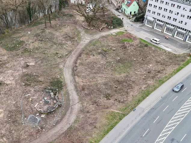 Luftbild der Baustelle HSG im März 2024; Klick öffnet Bild in größerer Ansicht