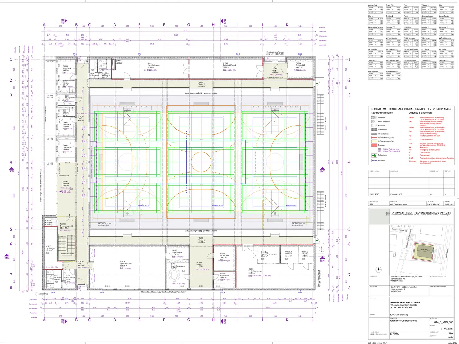 Entwurfsplanung für die neue Thomas-Kleinlein-Turnhalle im direkten Umfeld der Grund- und Mittelschule Stadeln. Klick öffnet Bild in größerer Ansicht.