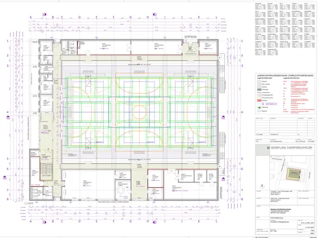 Entwurfsplanung für die neue Thomas-Kleinlein-Turnhalle im direkten Umfeld der Grund- und Mittelschule Stadeln. Klick öffnet Bild in größerer Ansicht.