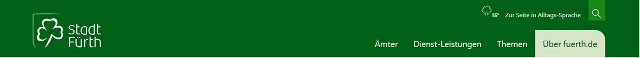 Stadt Fürth Logo, Ämter, Dienst-Leistungen, Themen, Über fuerth.de. Klick öffnet Bild in größerer Ansicht.
