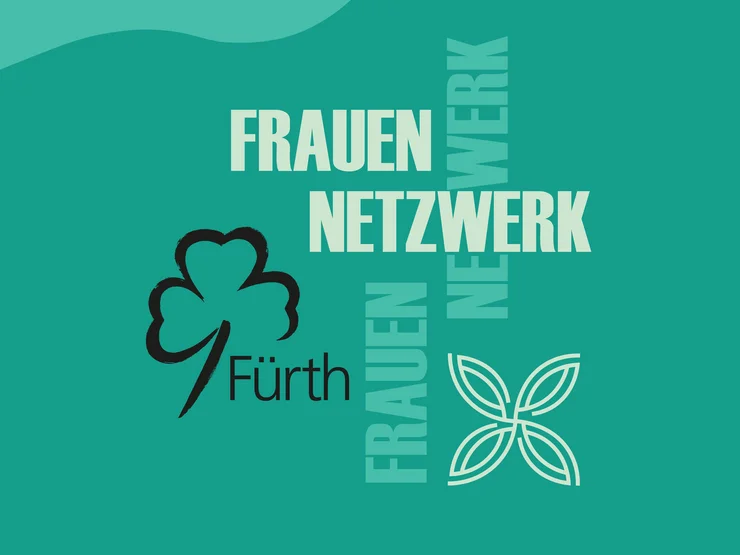 Logo der Stadt Fürth mit einem stilisierten Kleeblatt, dem Schriftzug 'Fürth' und den Worten 'FRAUEN NETZWERK WERK' auf grünem Hintergrund.