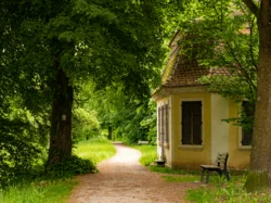Weg im Schlosspark mit gelbem Pavillion, umgeben von großen Bäumen und einer Bankumgeben von großen Bäumen und einer Bank