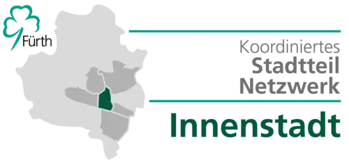 Fürth-Logo, Karte und Schriftzug Koordiniertes Stadtteilnetzwerk Innenstadt. Klick öffnet Bild in größerer Ansicht.