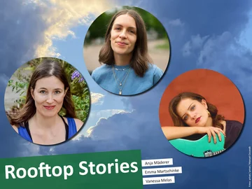 Portraitfotos der Künstlerinnen Anja Mäderer, Emma Martschinke und Vanessa Melas vor einem blauen Wolkenhimmel