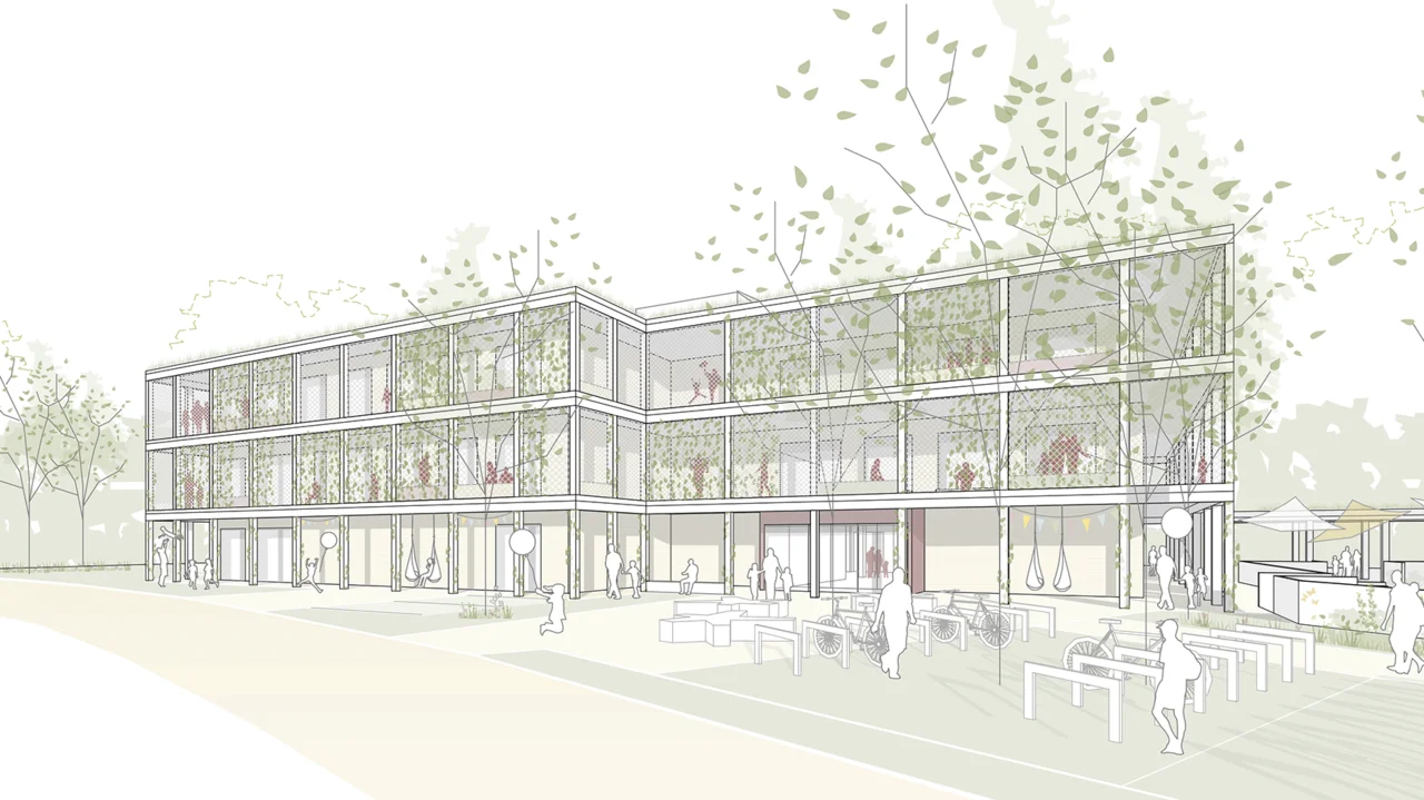 Architekturzeichnung eines modernen dreigeschossigen Schulgebäudes mit großen Fenstern und umlaufenden Balkonen, umgeben von Bäumen und mit Personen auf dem Vorplatz