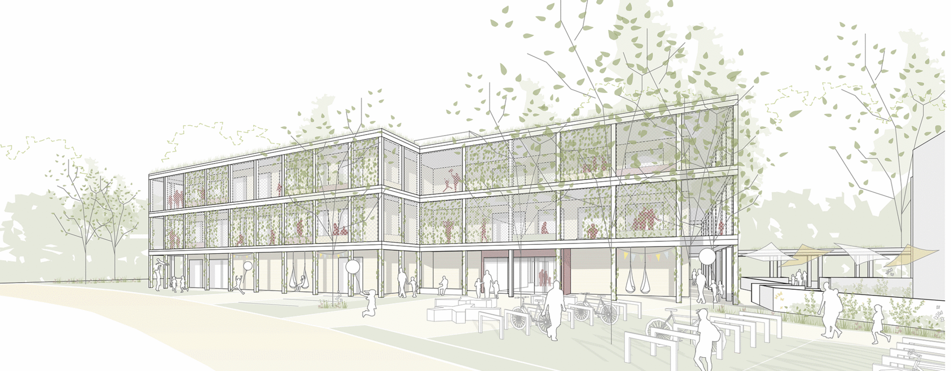 Architekturzeichnung eines modernen dreigeschossigen Schulgebäudes mit großen Fenstern und umlaufenden Balkonen, umgeben von Bäumen und mit Personen auf dem Vorplatz