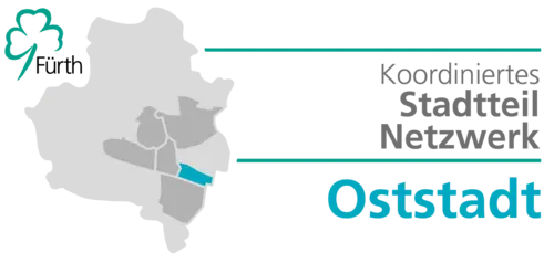 Fürth-Logo, Karte und Schriftzug Koordiniertes Stadtteilnetzwerk Oststadt. Klick öffnet Bild in größerer Ansicht.