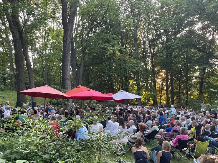 Publikum bei einer Lesung im Stadtpark; Klick öffnet Veranstaltungstipp