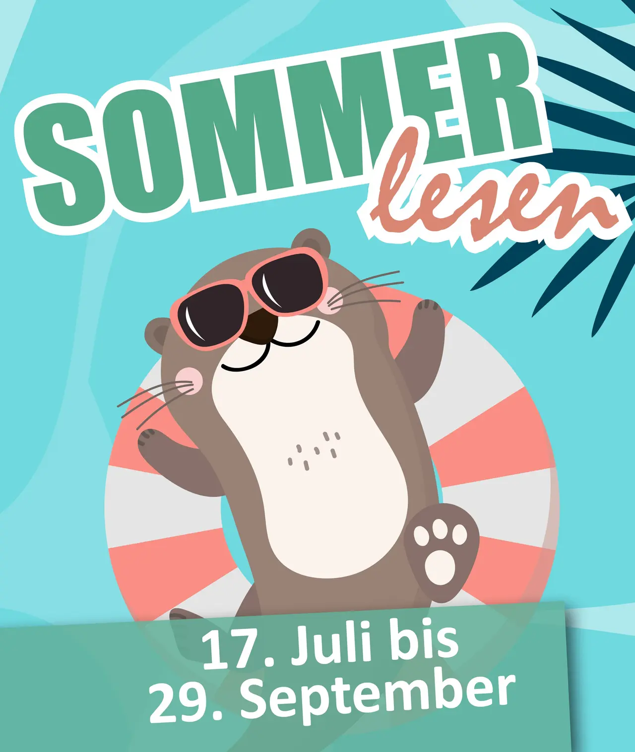 Illustration mit einer Maus auf einem Schwimmring und dem Text "Sommerlesen, 17. Juli bis 29. September". 