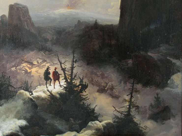 Zwei Wanderer stehen auf einem Felsen in einer nebligen, bergigen Landschaft mit dramatischem Himmel und großen Felsformationen