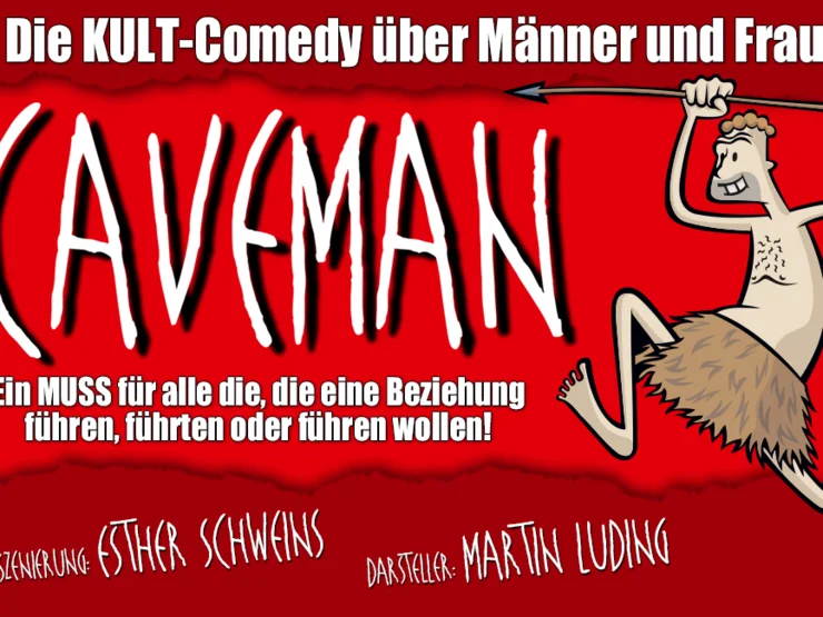 Rote Werbegrafik mit der weißen Aufschrift 'CAVEMAN' und einer Comicfigur eines Höhlenmenschen mit Keule und Fellhose
