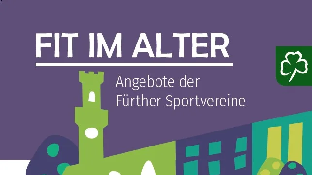 Gestaltetes Bild zur Broschüre "Fit im Alter" mit dem Textzusatz "Angebote der Fürther Sportvereine".