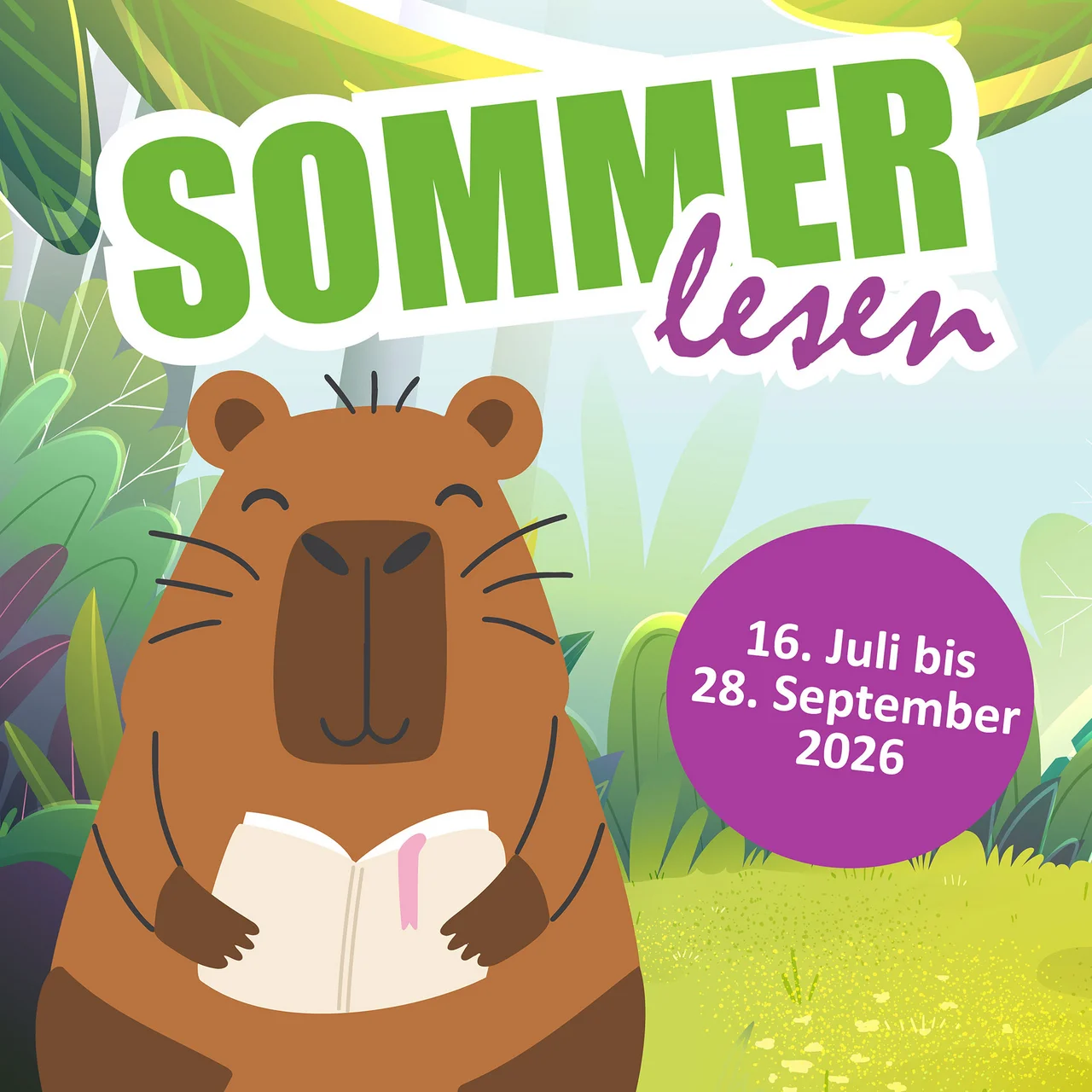 Illustration eines Bären, der ein Buch hält, vor grünem Laub und Wiese mit Text 'SOMMER lesen' und Datum '16. Juli bis 28. September 2026'