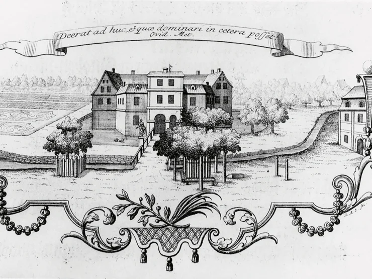 Schwarz-weiße Linienzeichnung eines Hauses mit Garten und dekorativem Rahmen