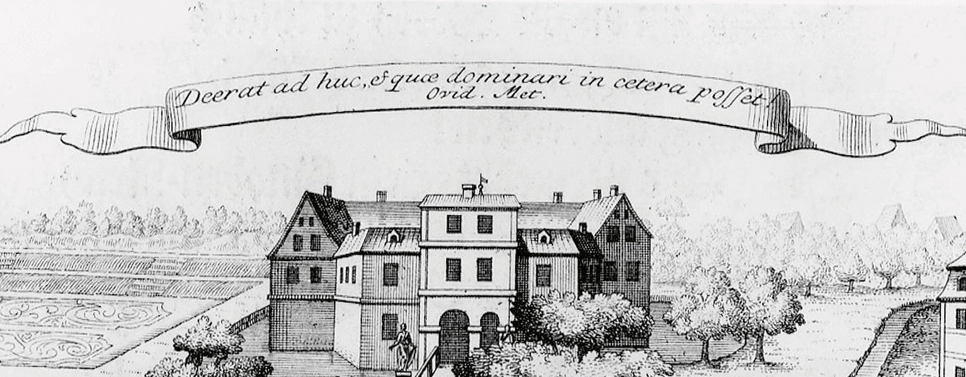 Schwarz-weiße Linienzeichnung eines Hauses mit Garten und dekorativem Rahmen